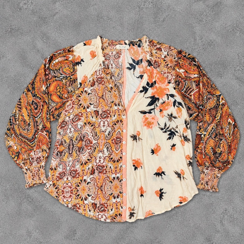 Free People Womens XS Paisley Floral Patchwork Blouse Boho Balloon Sleeve Top